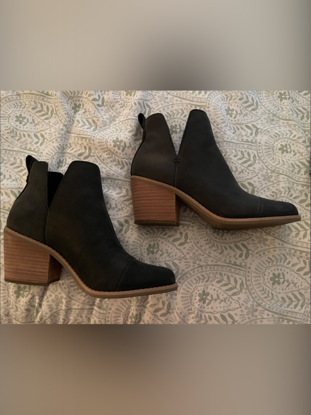 Toms Black Ankle Booties with Brown Stacked Heel